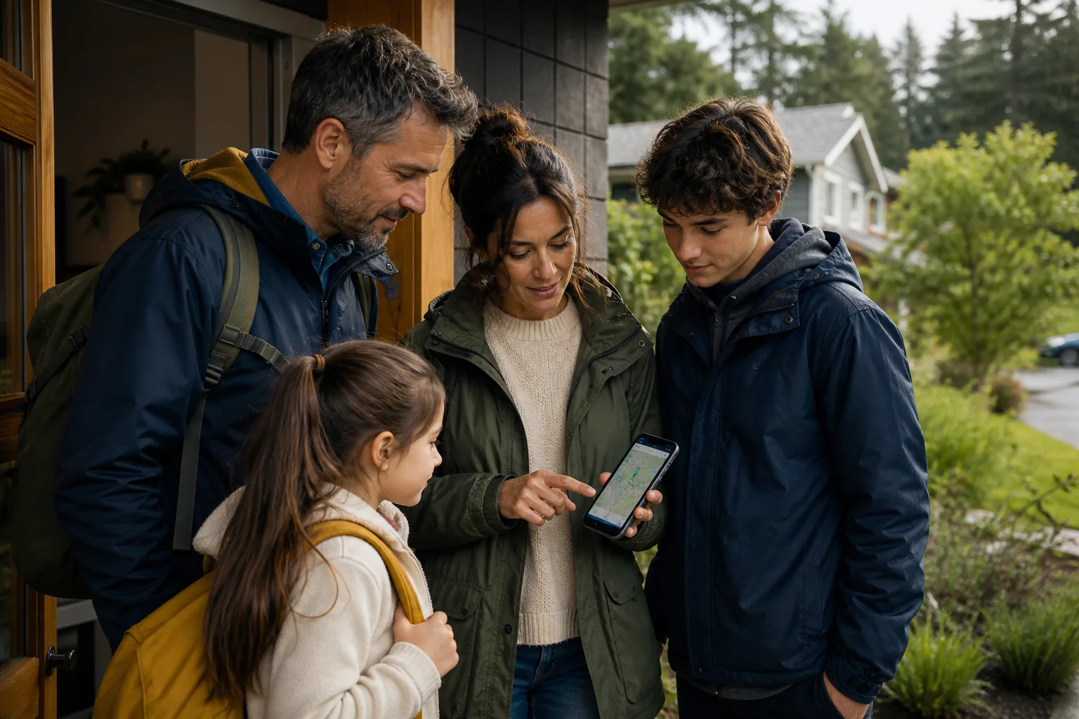 A family checking their plans together before leaving home